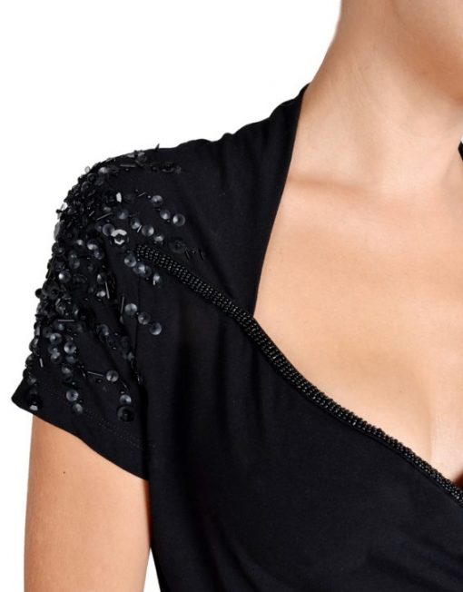 Black Short Sleeved Sequin Detail Wrap Dress