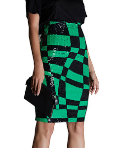 Black & Green Square-Shaped Sequin Pencil Skirt