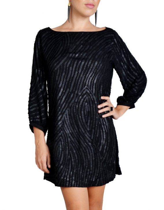 Black Three Quarter Sleeve Sequin Shift Dress