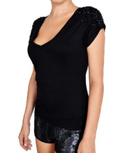 Black V-Neck Sequin T-Shirt