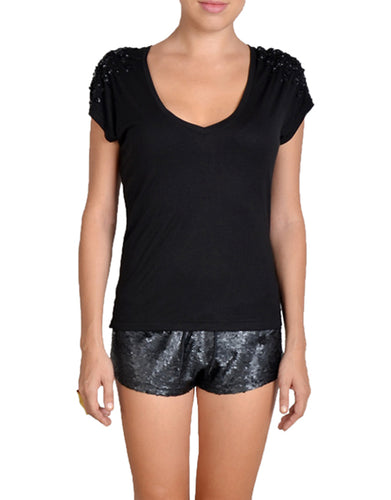 Black V-Neck Sequin T-Shirt