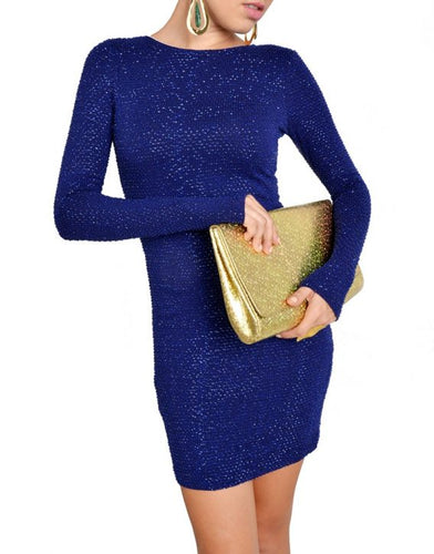 Deep Blue Long Sleeve Bodycon Dress With Beads & Sequins