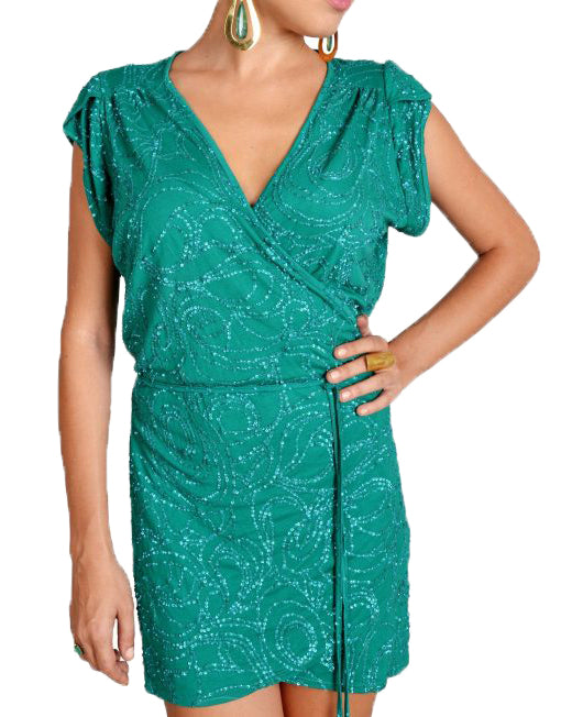 Emerald Green Sequin Mini Wrap Dress Luz De Ibiza Emerald Green Sequin Mini Wrap Dress Luz De Ibiza