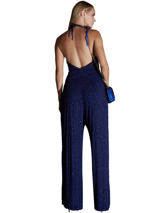 Full-Length Deep Blue Backless Sequin Jumpsuit