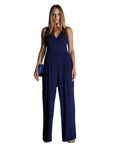 Full-Length Deep Blue Backless Sequin Jumpsuit