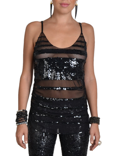 Sheer Black Mesh Top With Sequined Stripes